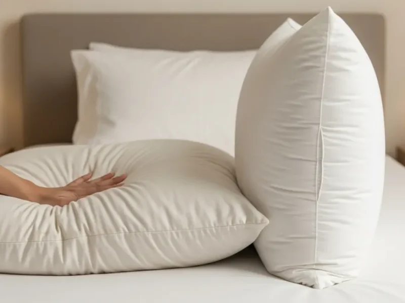 A hand tests an old, flattened pillow beside a new, full pillow on a bed.