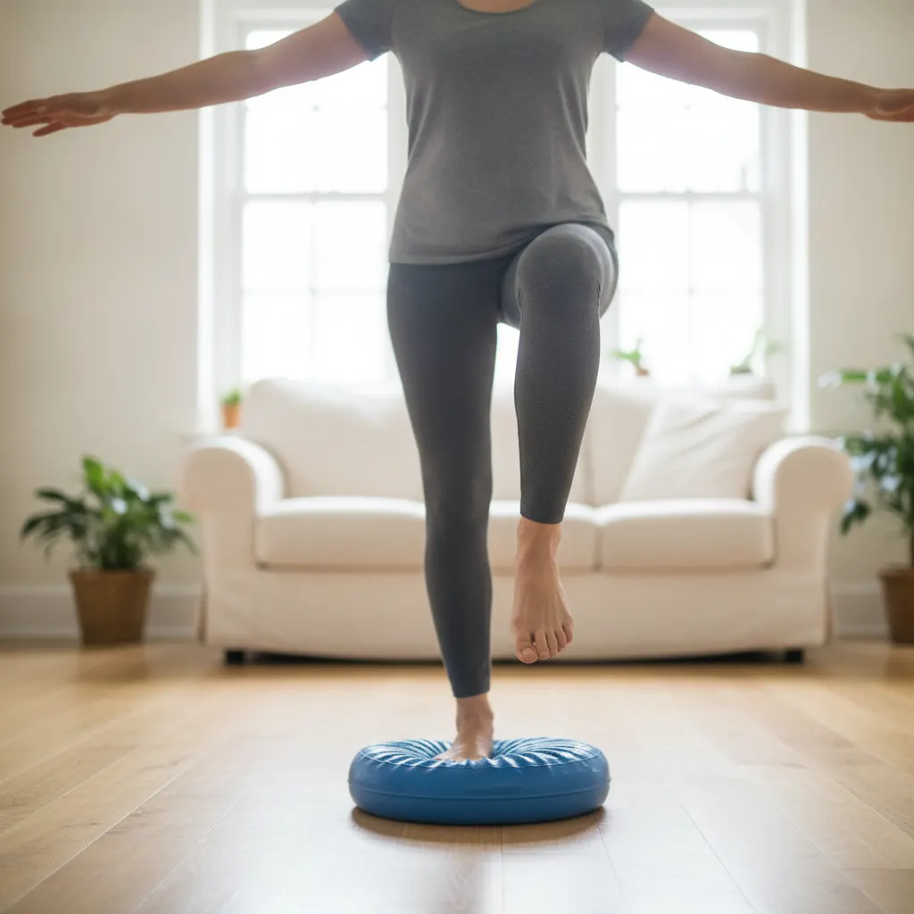 A woman practices single-leg balance on a cushion during ankle-sprain rehabilitation