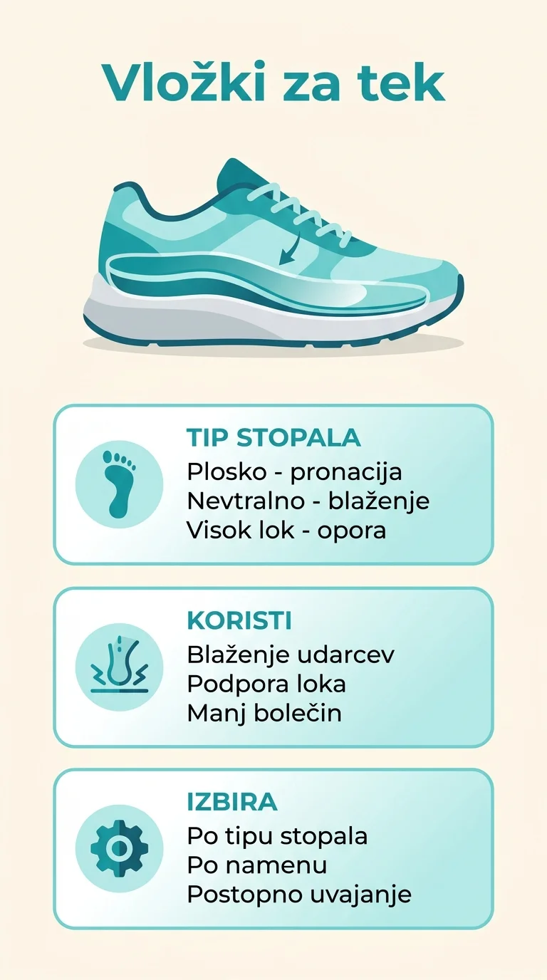Infographic showing general factors in choosing running insoles, their features, and how to introduce them.