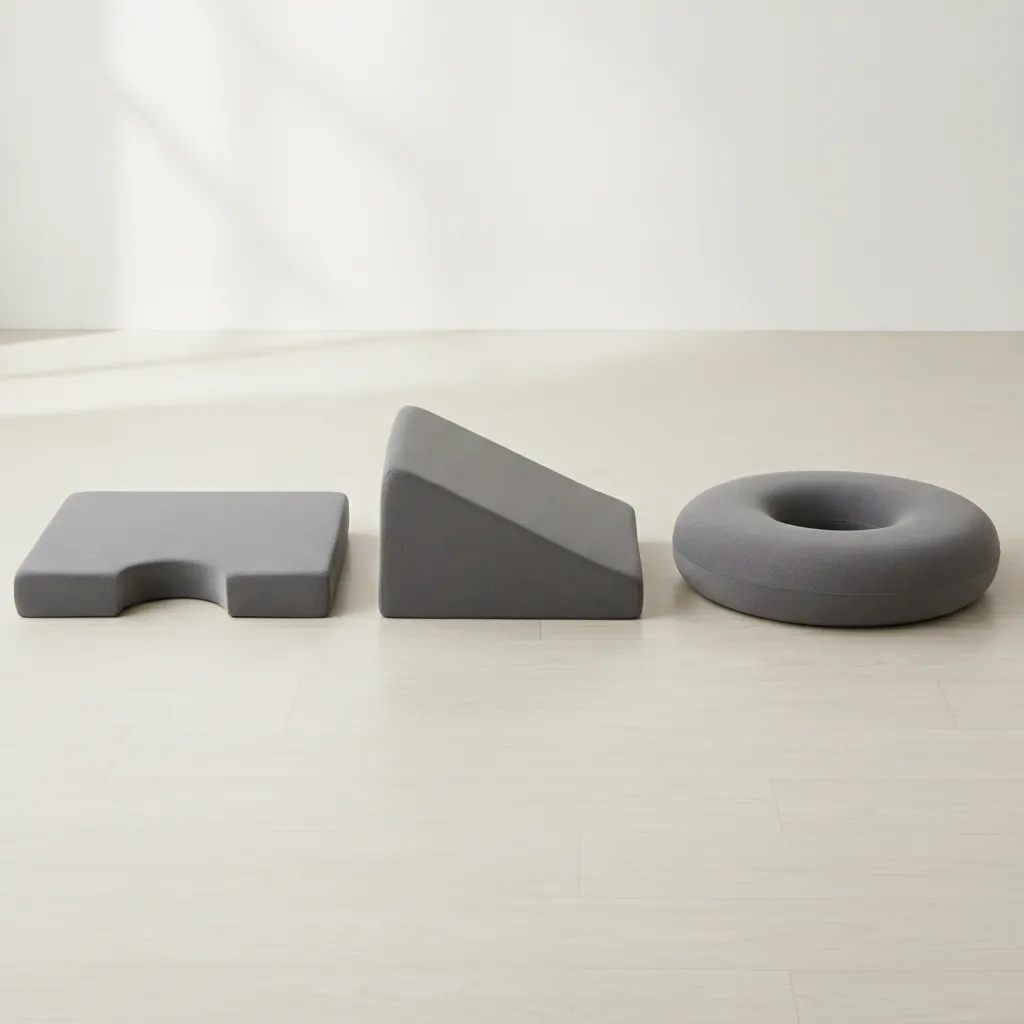 Three cushion designs: a seat cushion with a tailbone cutout, a wedge cushion and a ring cushion with a central opening.