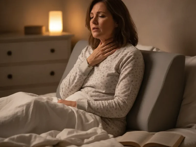 Woman sitting in bed at night and holding her throat because of irritation associated with silent reflux.