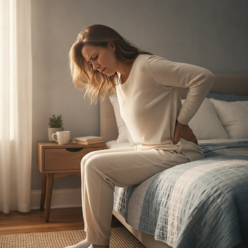 Woman sitting on the edge of a bed in the morning and holding her lower back because of pain from a pinched nerve.